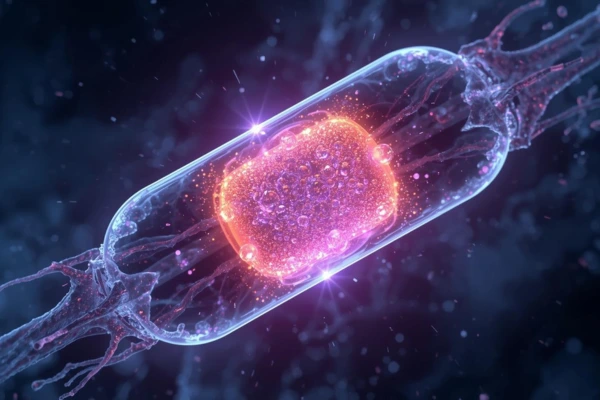 Ilustração científica 3D de uma mitocôndria celular brilhando com energia metabólica intensa