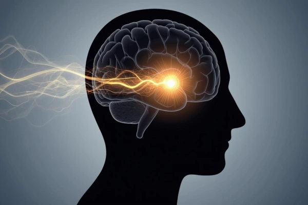Ilustração científica 3D mostrando um sinal neural claro e luminoso conectando o ouvido interno ao cérebro humano